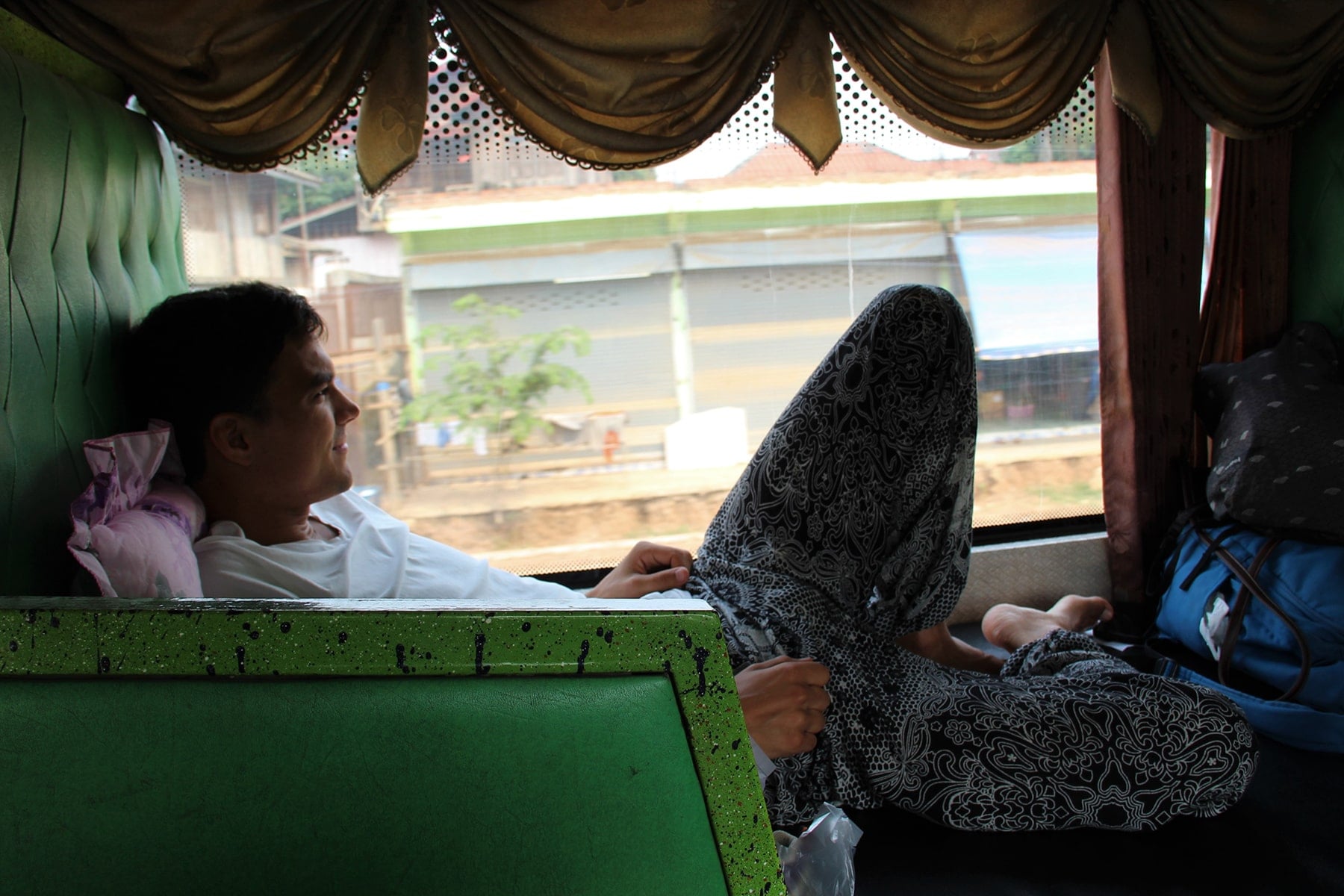 Florian in bunk beds on bus to Muang Xai in Laos