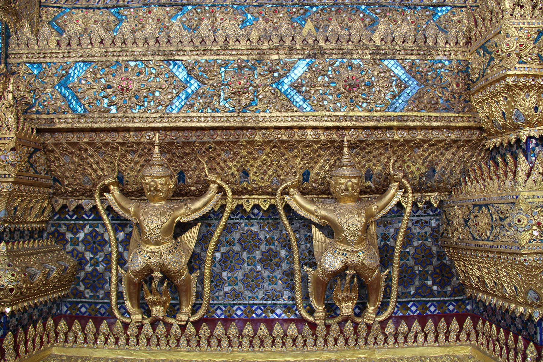 Yaksha as golden and blue decorations of Bangkok Grand Palace