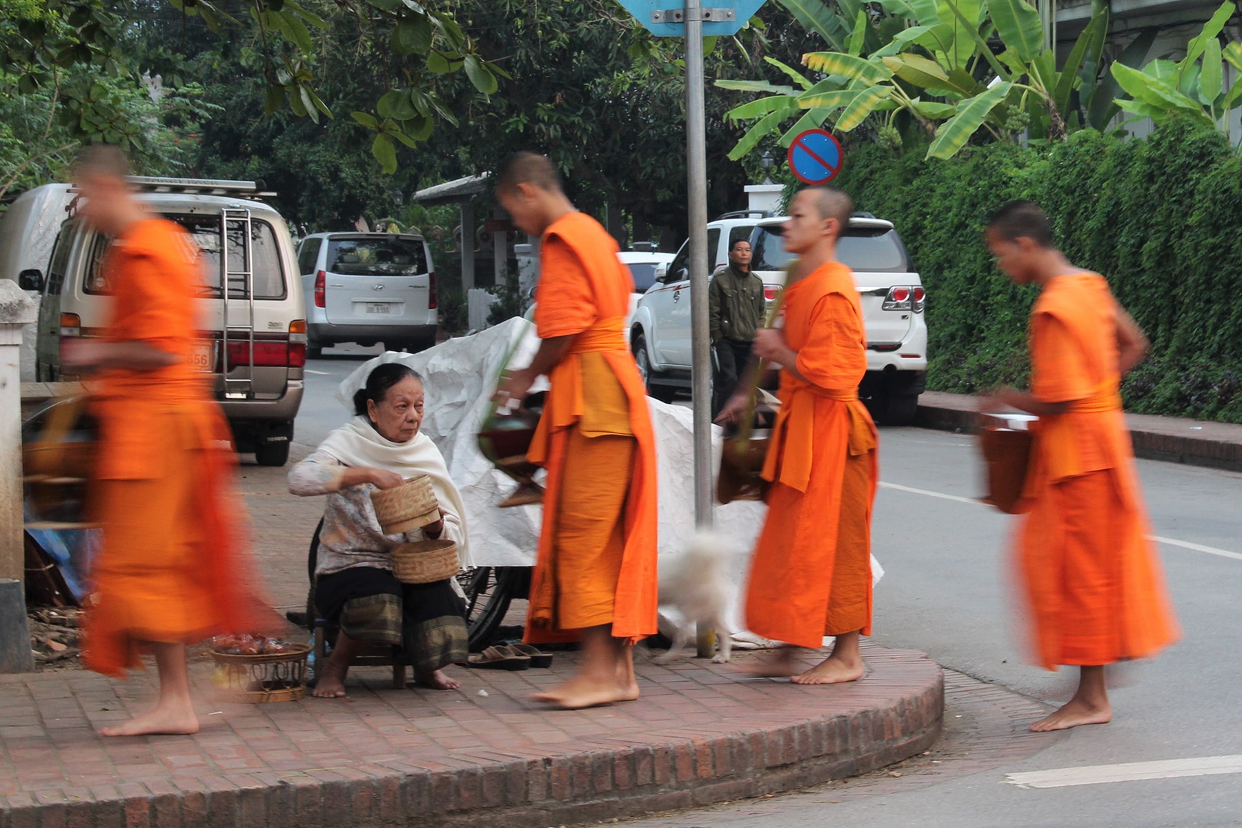 Une femme offre du riz aux moines dans l’aumône du matin à Luang Prabang, Laos