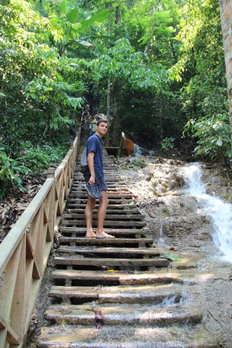 Stairs to reach the top of the main waterfall in Kuang Si, Laos