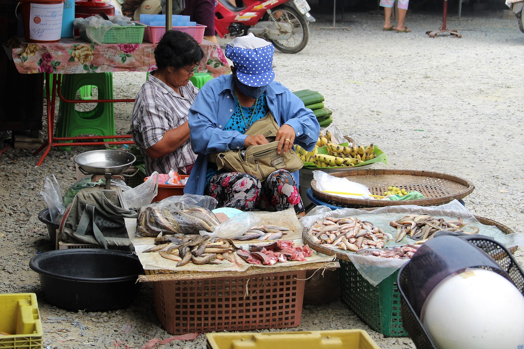 Femme vendant du poisson au marché de jour de Sukhothaï assise par terre