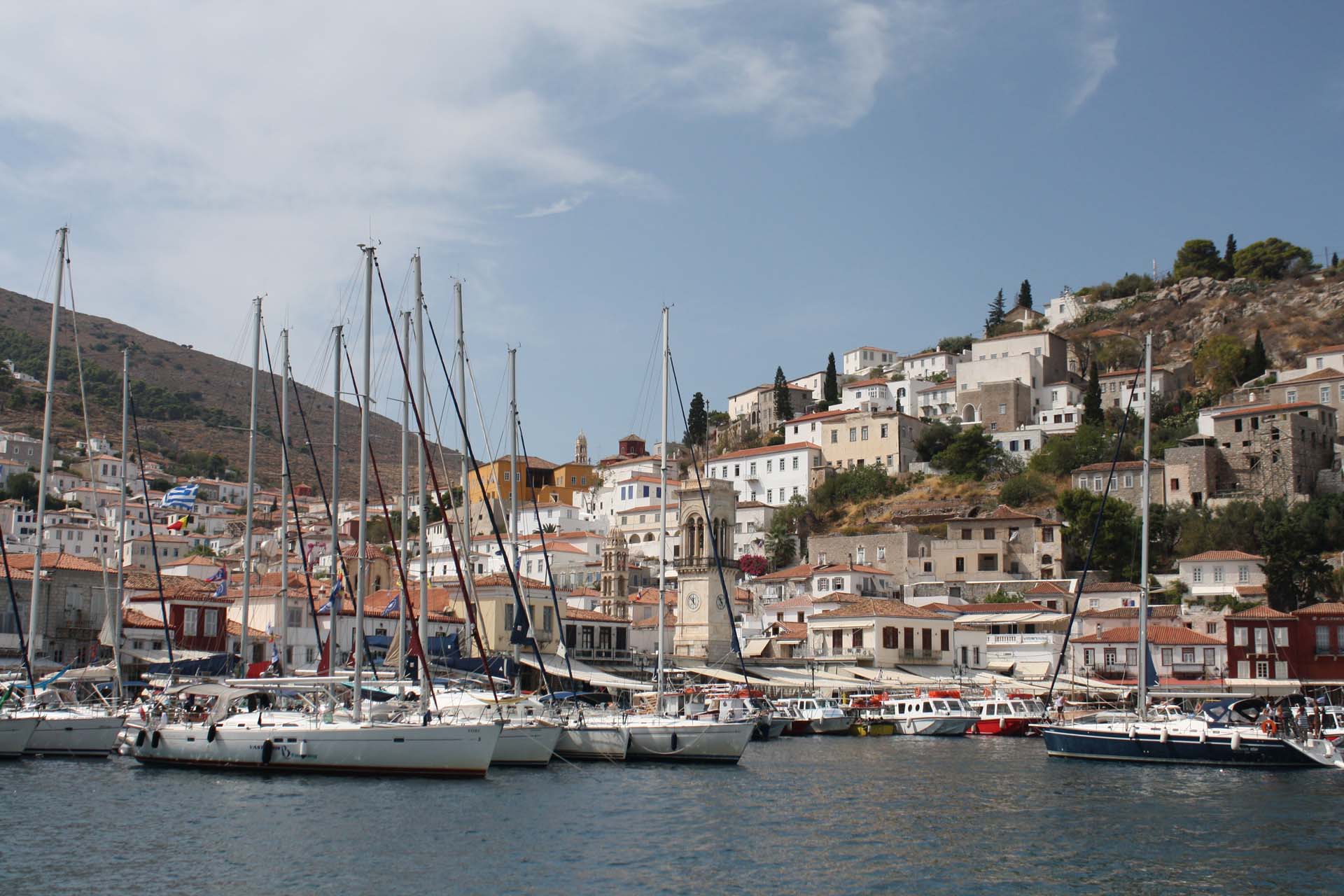 Hydra island port boats houses