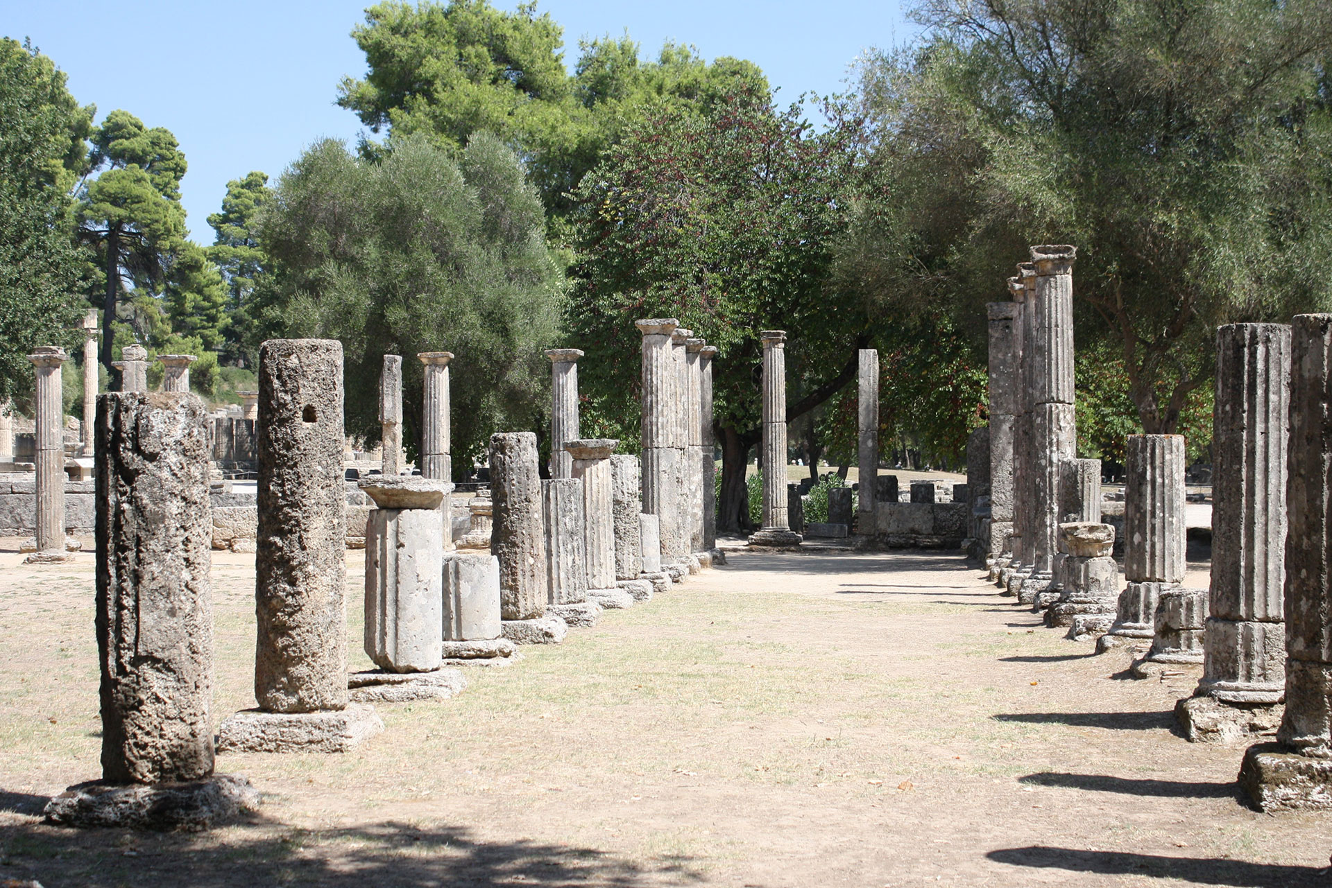 Gymnasium in the ancient site of Olympia with column ruins